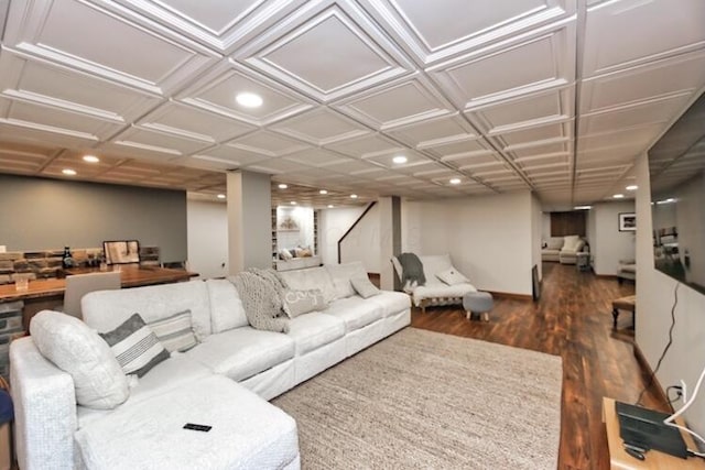 living room with recessed lighting and wood finished floors