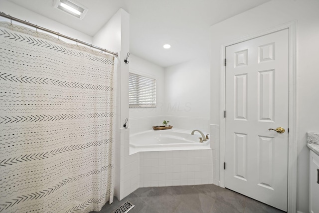 full bathroom featuring a shower with curtain, a bath, tile patterned flooring, and visible vents