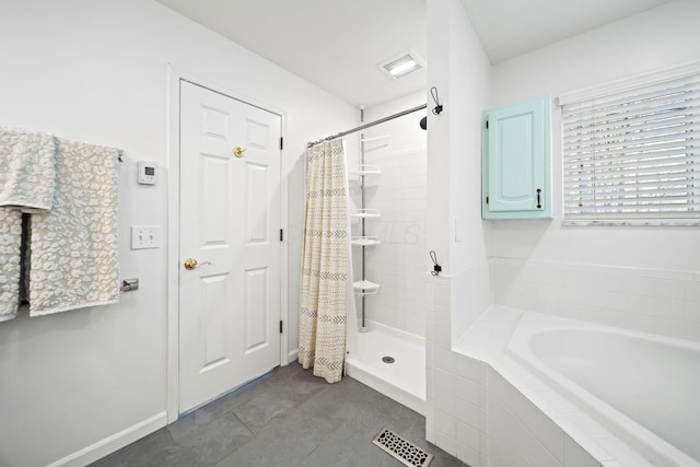 full bathroom with tile patterned floors, visible vents, a shower stall, and a garden tub
