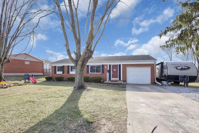 single story home with a garage, brick siding, concrete driveway, and a front yard