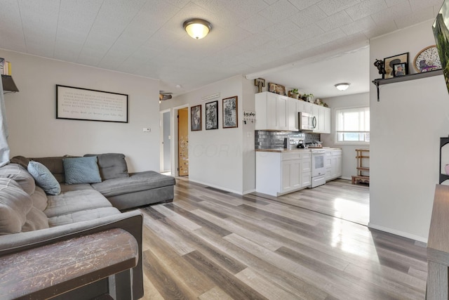 living area with light wood-style floors and baseboards