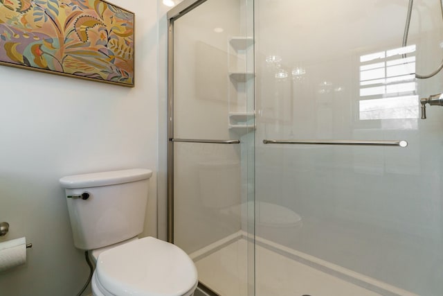 bathroom with a stall shower and toilet