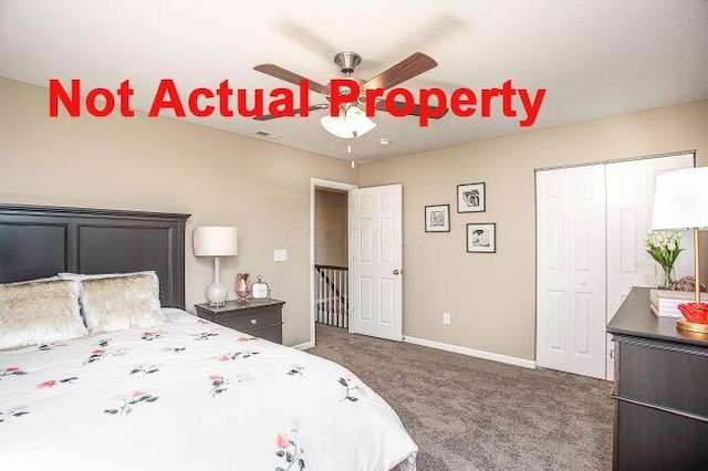 bedroom featuring a closet, a ceiling fan, baseboards, and carpet floors