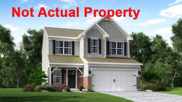 craftsman inspired home with a garage, board and batten siding, concrete driveway, and a front yard