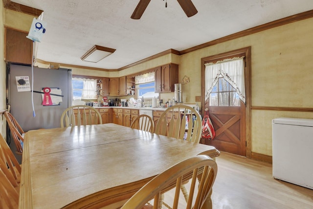 dining area with baseboards, light wood-style flooring, a ceiling fan, and ornamental molding