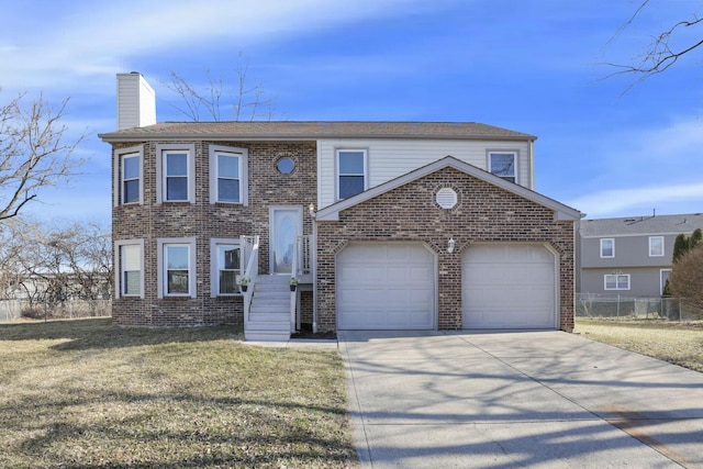 view of front of house featuring concrete driveway, a front yard, a garage, brick siding, and a chimney