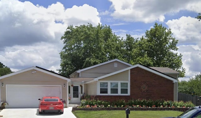 single story home with concrete driveway, brick siding, and a garage