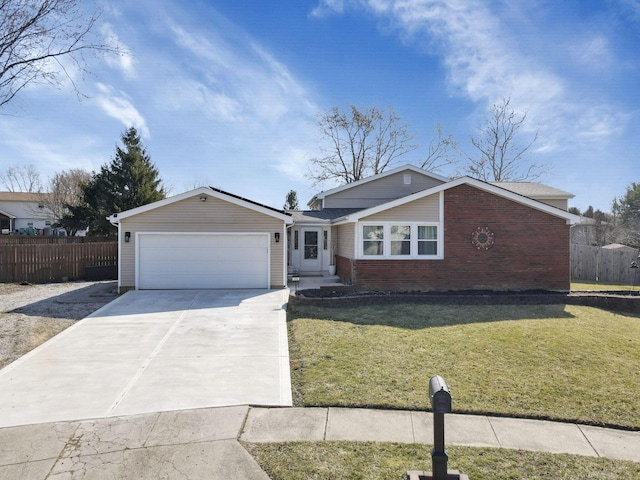 ranch-style house with concrete driveway, fence, brick siding, and a front lawn