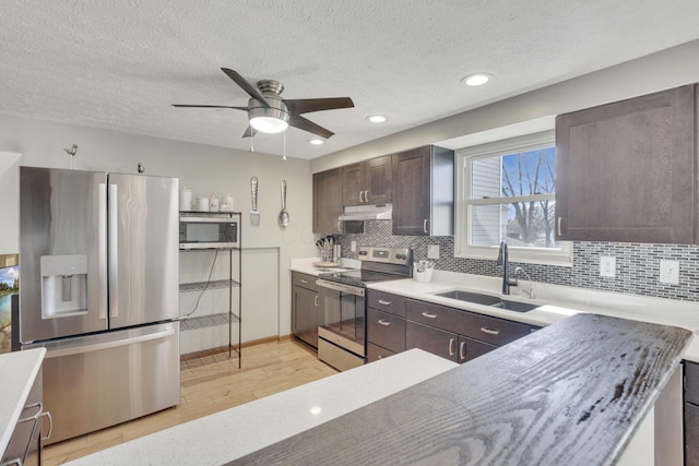 kitchen with a sink, under cabinet range hood, stainless steel appliances, dark brown cabinetry, and light wood finished floors