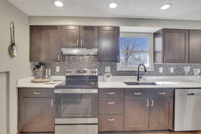 kitchen featuring under cabinet range hood, a sink, dark brown cabinetry, appliances with stainless steel finishes, and light countertops