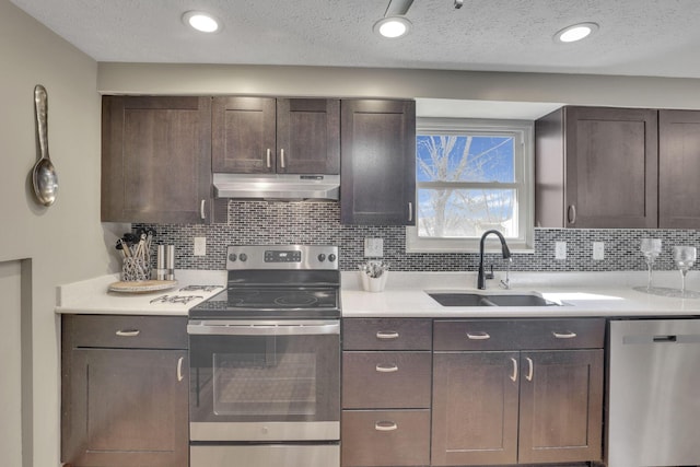 kitchen featuring under cabinet range hood, dark brown cabinets, appliances with stainless steel finishes, and a sink