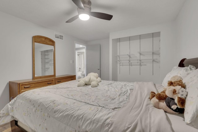 bedroom with visible vents, a closet, and ceiling fan