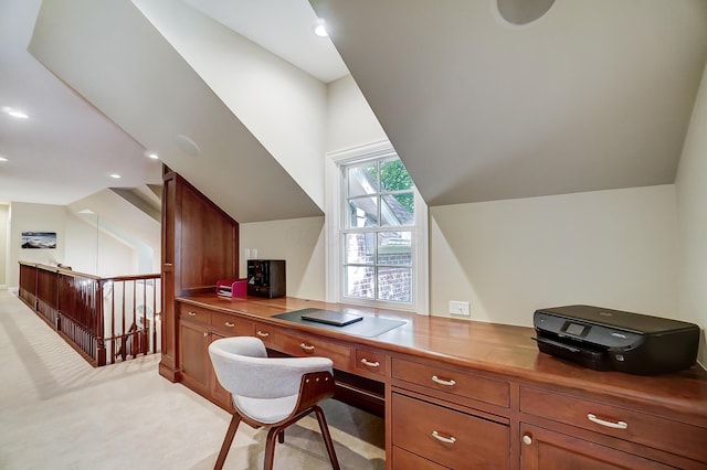 home office with recessed lighting and vaulted ceiling