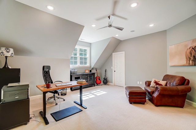 office featuring lofted ceiling, a ceiling fan, recessed lighting, carpet, and baseboards