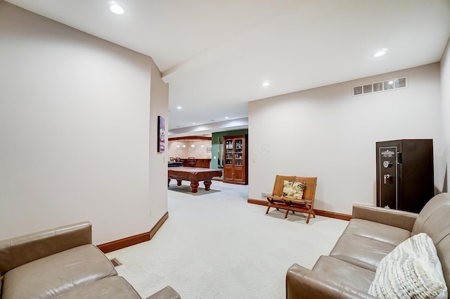 carpeted living area with billiards, recessed lighting, visible vents, and baseboards