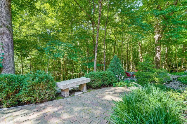 view of home's community with a forest view and a patio