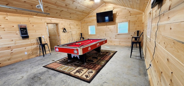 recreation room with lofted ceiling, wood ceiling, wood walls, and pool table