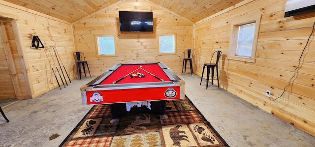 recreation room featuring lofted ceiling, wooden walls, wooden ceiling, and pool table