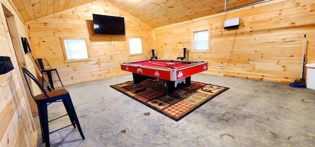 game room with lofted ceiling, billiards, and wood walls