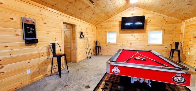 rec room with lofted ceiling, wooden walls, wood ceiling, and billiards