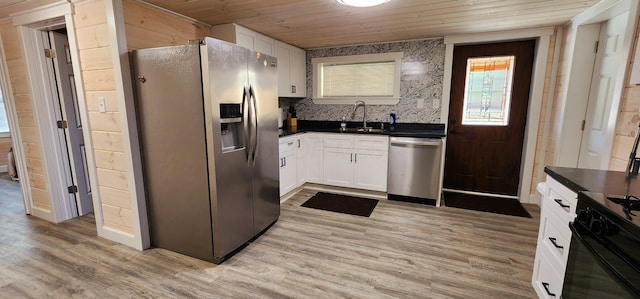 kitchen featuring light wood-style flooring, a sink, white cabinetry, stainless steel appliances, and wooden ceiling