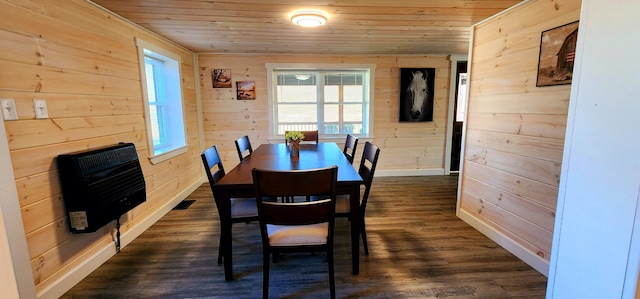 dining room with dark wood finished floors, wooden walls, a healthy amount of sunlight, and wood ceiling