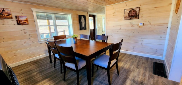 dining space featuring visible vents, wood walls, and wood ceiling