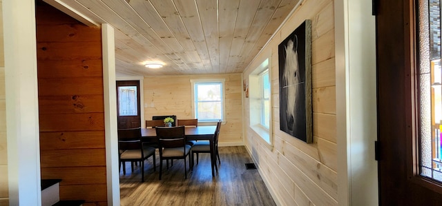 dining room featuring wooden walls, wood ceiling, visible vents, and dark wood-style flooring