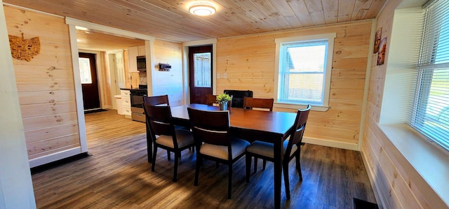 dining area featuring baseboards, wood ceiling, wood walls, and dark wood finished floors