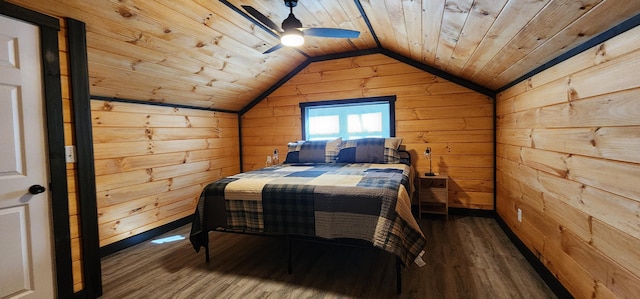 bedroom featuring wooden ceiling, wooden walls, wood finished floors, and vaulted ceiling