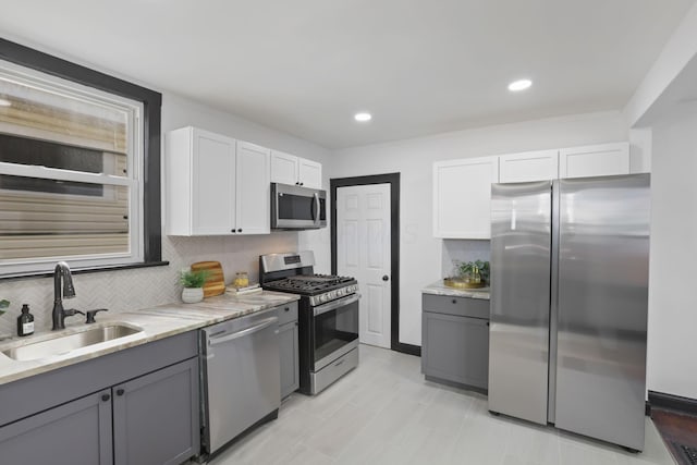 kitchen featuring light stone countertops, a sink, decorative backsplash, white cabinets, and appliances with stainless steel finishes