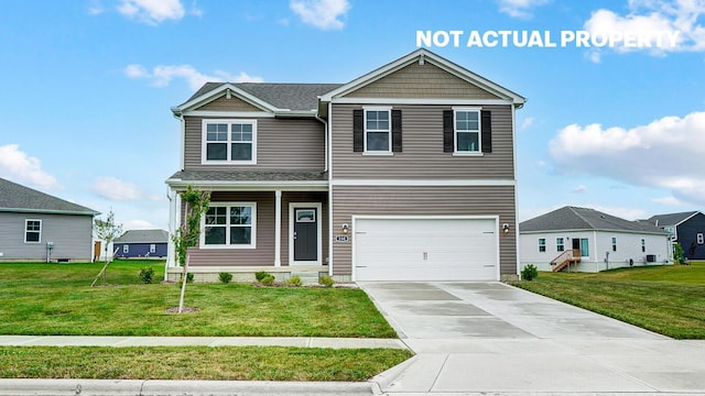 view of front of property with a front lawn, an attached garage, and concrete driveway