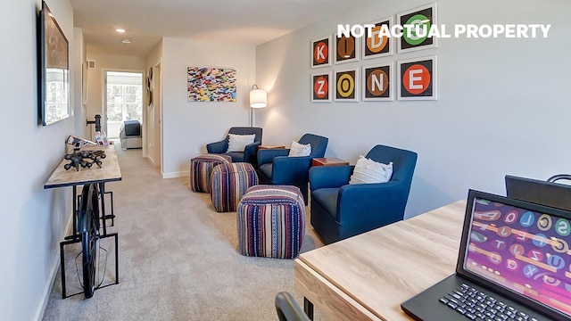 living room featuring light colored carpet and baseboards