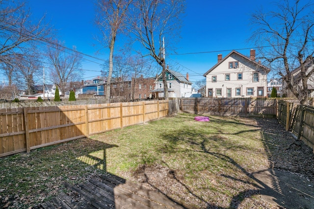 view of yard with a residential view and a fenced backyard