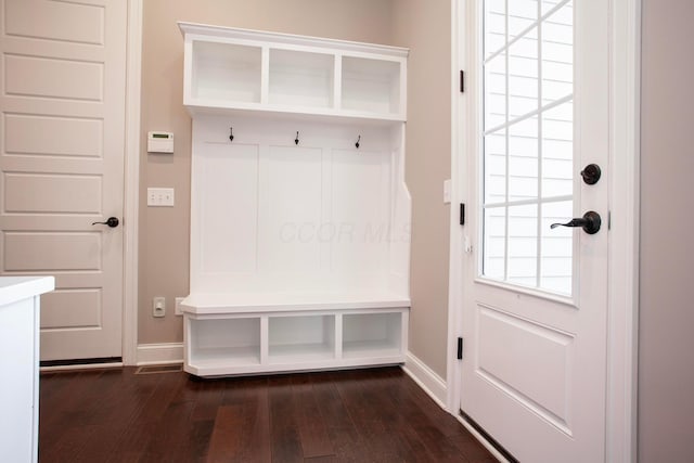 mudroom featuring baseboards and dark wood-type flooring