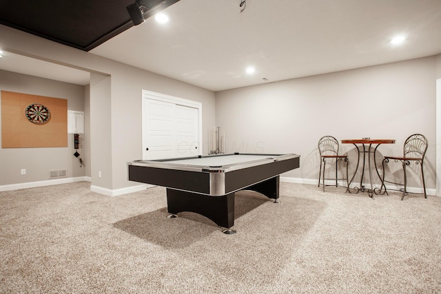 recreation room with pool table, visible vents, carpet, and baseboards