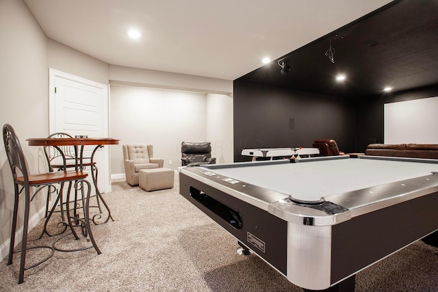 game room featuring billiards, carpet flooring, recessed lighting, and baseboards