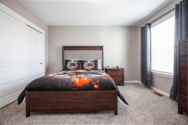 bedroom with carpet flooring, multiple windows, baseboards, and a closet