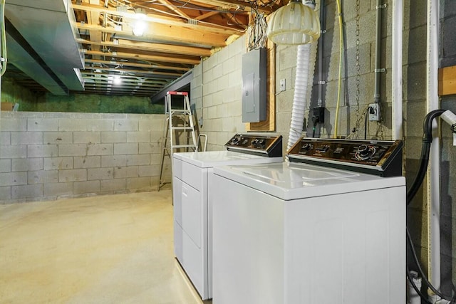 washroom with laundry area, electric panel, and washer and clothes dryer