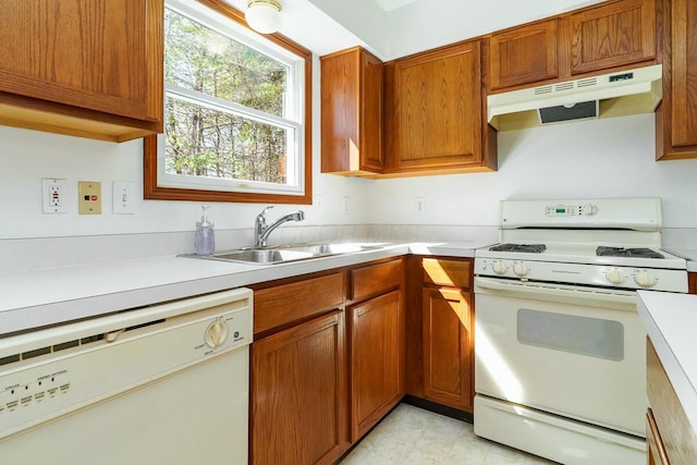 kitchen featuring white appliances, a sink, light countertops, under cabinet range hood, and brown cabinets