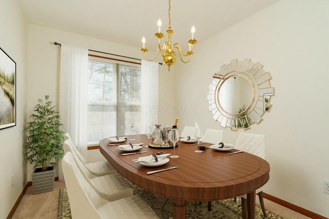 dining room featuring baseboards, light carpet, and a notable chandelier