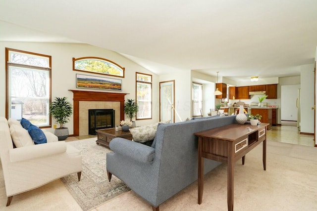 living area featuring a baseboard heating unit, lofted ceiling, a healthy amount of sunlight, and a fireplace