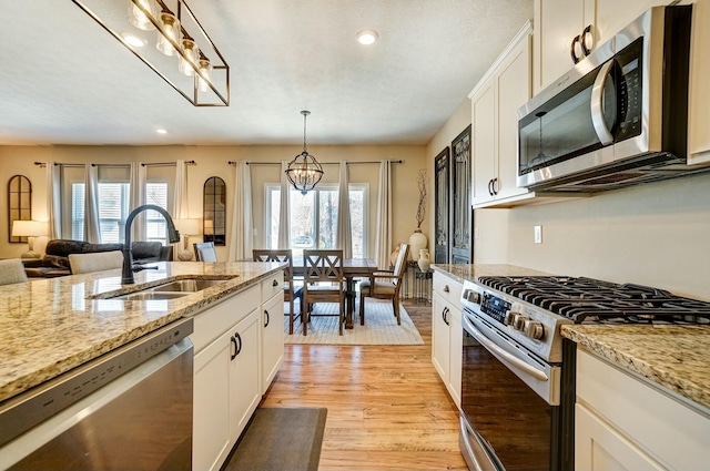 kitchen featuring light wood finished floors, plenty of natural light, stainless steel appliances, and a sink