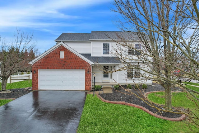 view of front of house with driveway, fence, roof with shingles, a garage, and brick siding