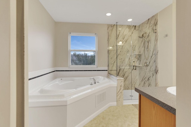 full bath featuring a marble finish shower, visible vents, a garden tub, recessed lighting, and vanity