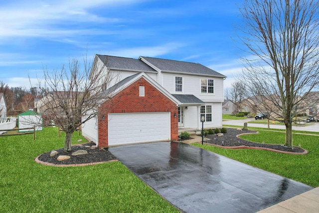 traditional-style house with driveway, brick siding, a front yard, and a shingled roof