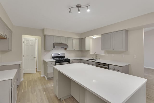 kitchen with under cabinet range hood, gray cabinets, stainless steel appliances, and a sink