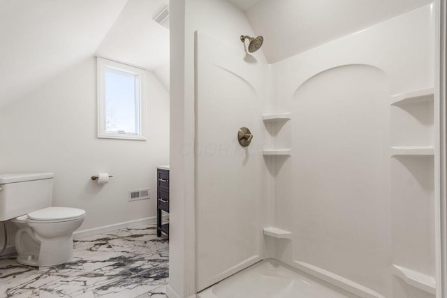 full bath with visible vents, vaulted ceiling, a shower, toilet, and marble finish floor