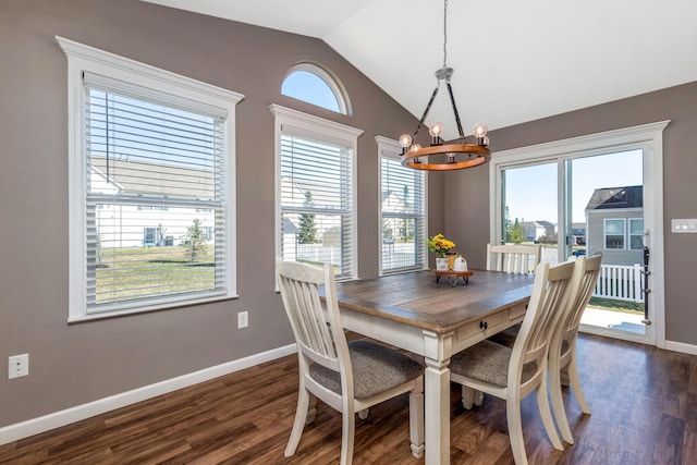 dining area with baseboards, lofted ceiling, and dark wood-type flooring