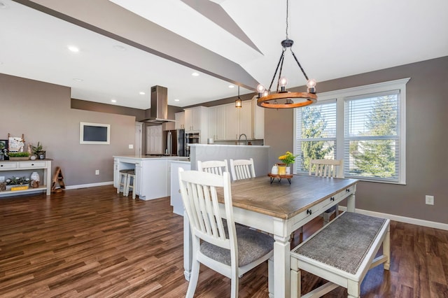 dining space with lofted ceiling, recessed lighting, baseboards, and dark wood-style flooring